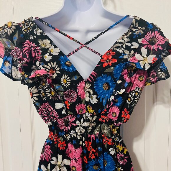 KoKo & Mason-Long Ruffled Floral Dress-Size X Small-Black/Pink Mix-Boho-Ruffles - Picture 8 of 16